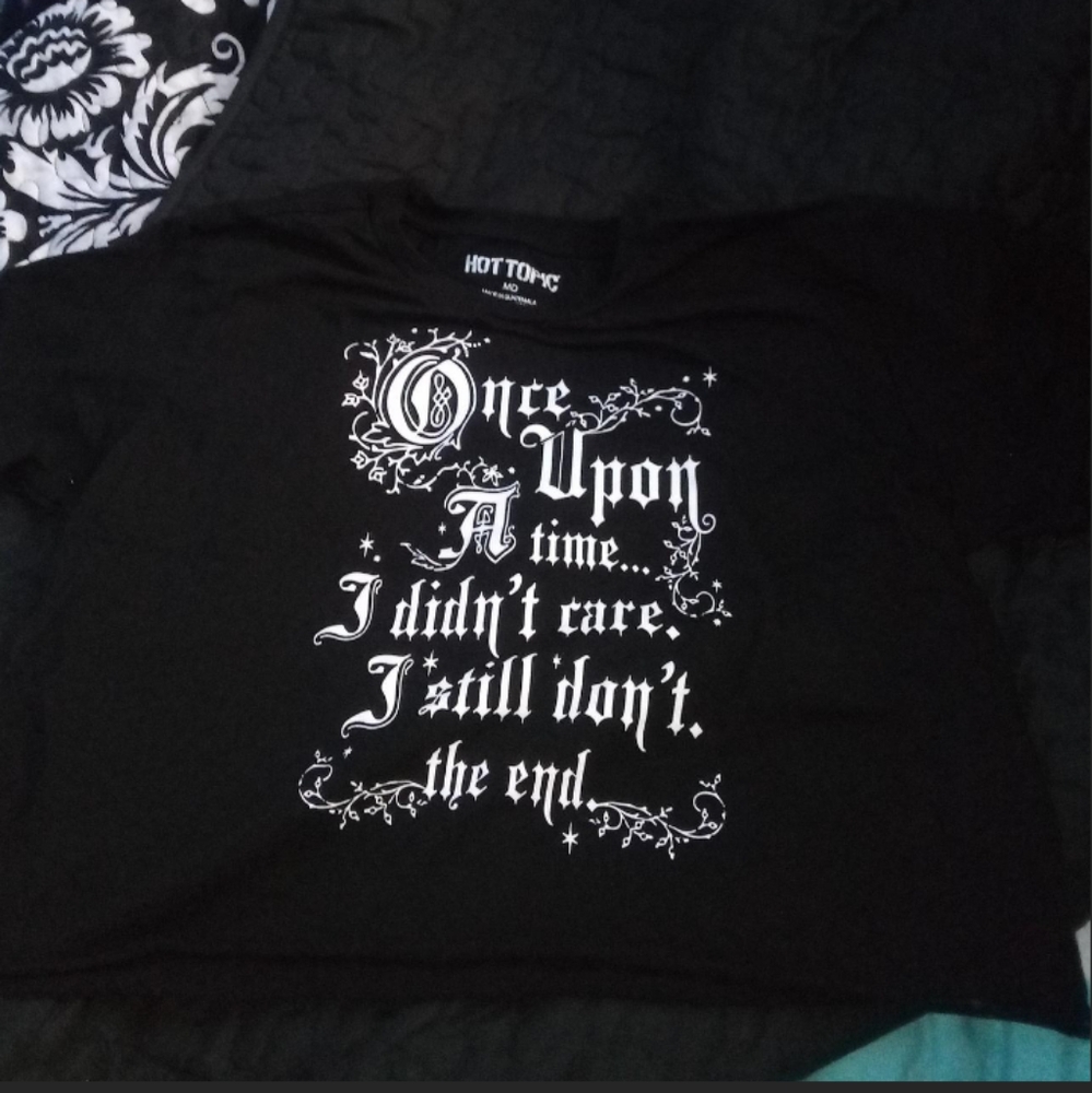 Hot Topic Black Tee with White Gothic Text